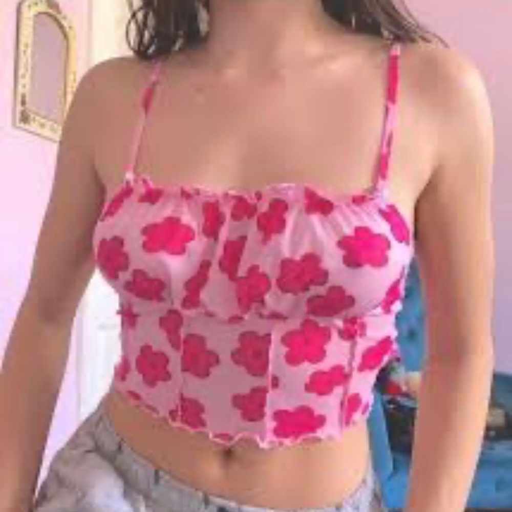 Dolls Kill Look Pink Floral Mesh Top Sz Large